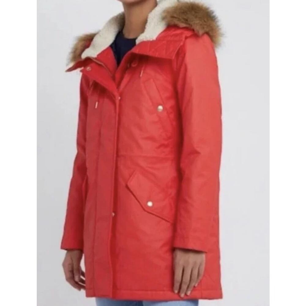 NWT J.Crew Perfect Winter Waxed Canvas Parka Primaloft Faux Fur Sz LP Woman